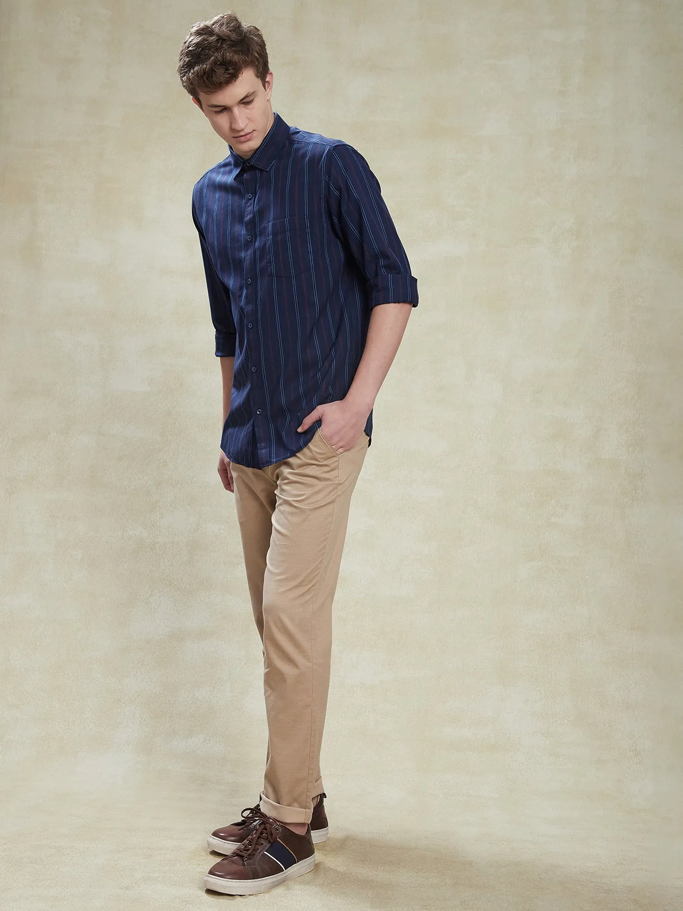 100% Cotton Navy Blue Slim Fit Full Sleeve Casual Mens Checkered Shirt