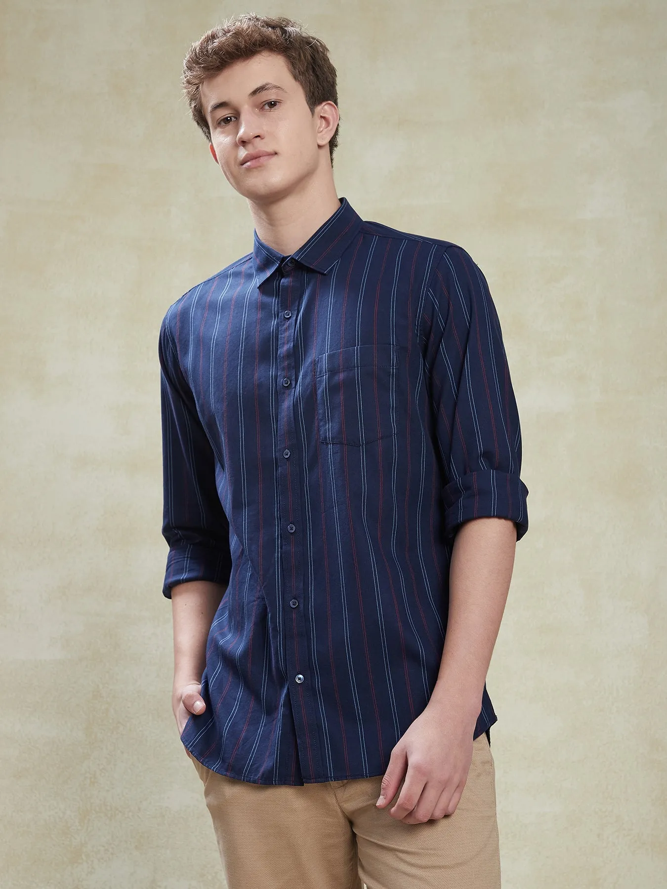 100% Cotton Navy Blue Slim Fit Full Sleeve Casual Mens Checkered Shirt
