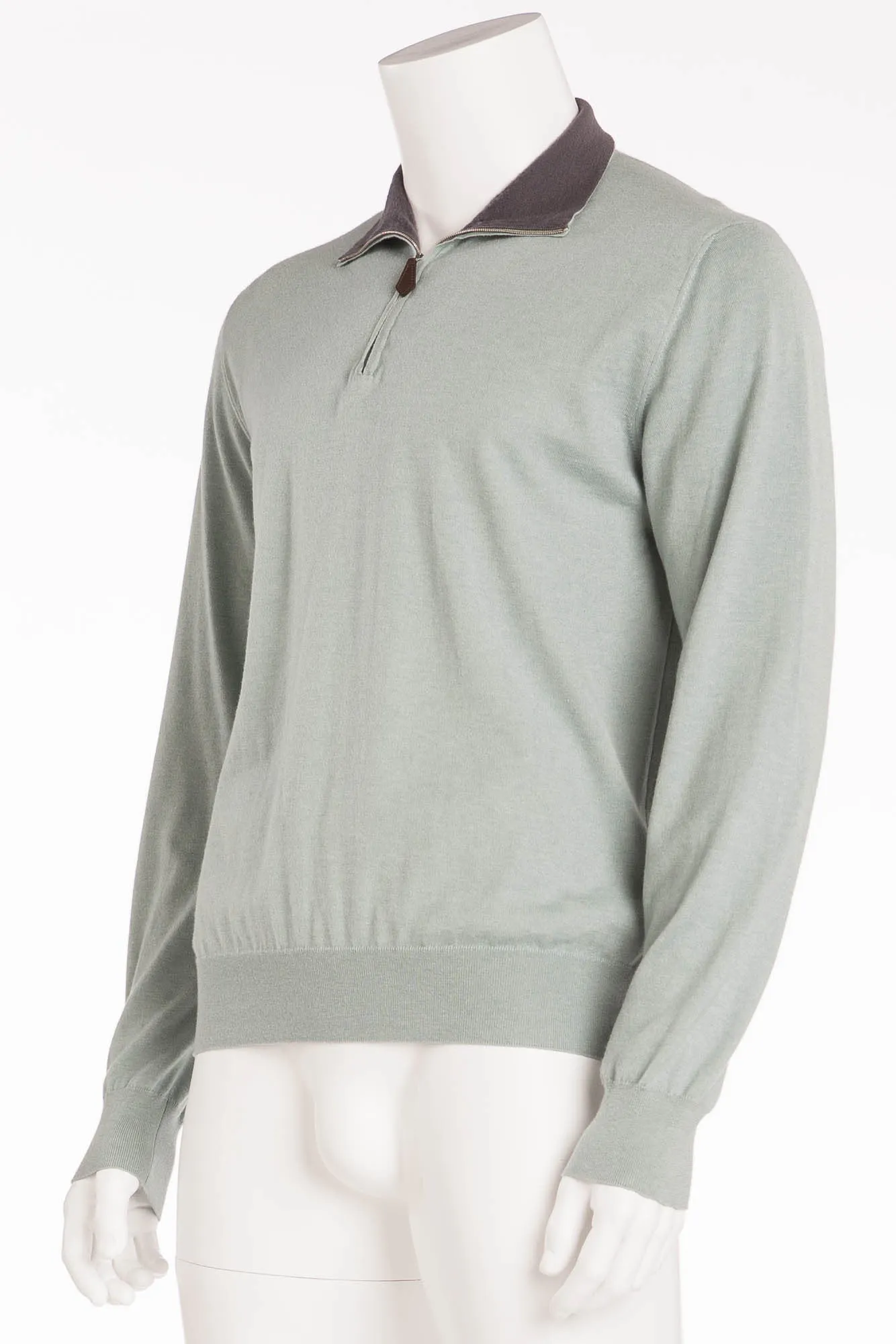 Authentic Hermes - Green Zip Neck Cashmere Sweater Grey Collar - XL