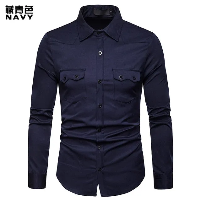 Covrlge Men's Business Shirt Slim Fit New Casual Shirts Mens Double Pocket Long Sleeve Clothes MCL197