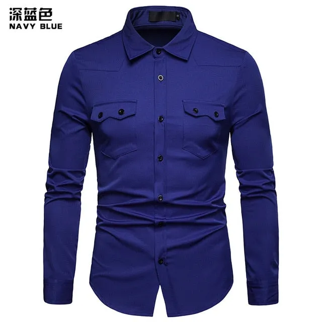 Covrlge Men's Business Shirt Slim Fit New Casual Shirts Mens Double Pocket Long Sleeve Clothes MCL197