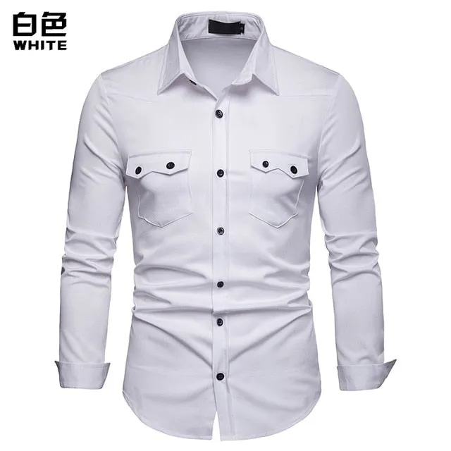 Covrlge Men's Business Shirt Slim Fit New Casual Shirts Mens Double Pocket Long Sleeve Clothes MCL197