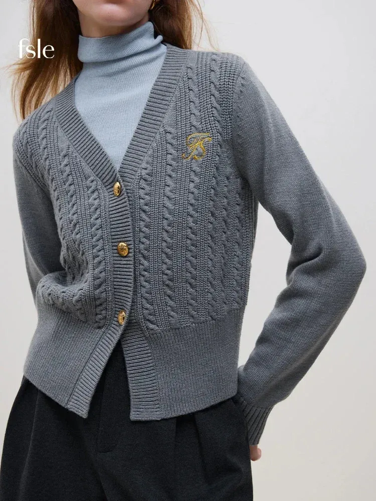 Fashionable College Style Embroidered V-neck Cable Sweater Cardigan