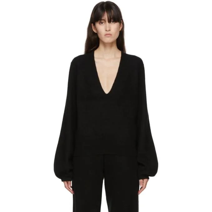 Frenckenberger Black Cashmere Mini Deep V-Neck Sweater