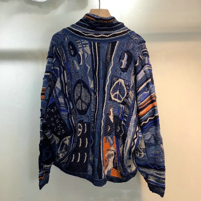Hippie Aesthetic Coogi Cardigan Dark Blue Peace Sign