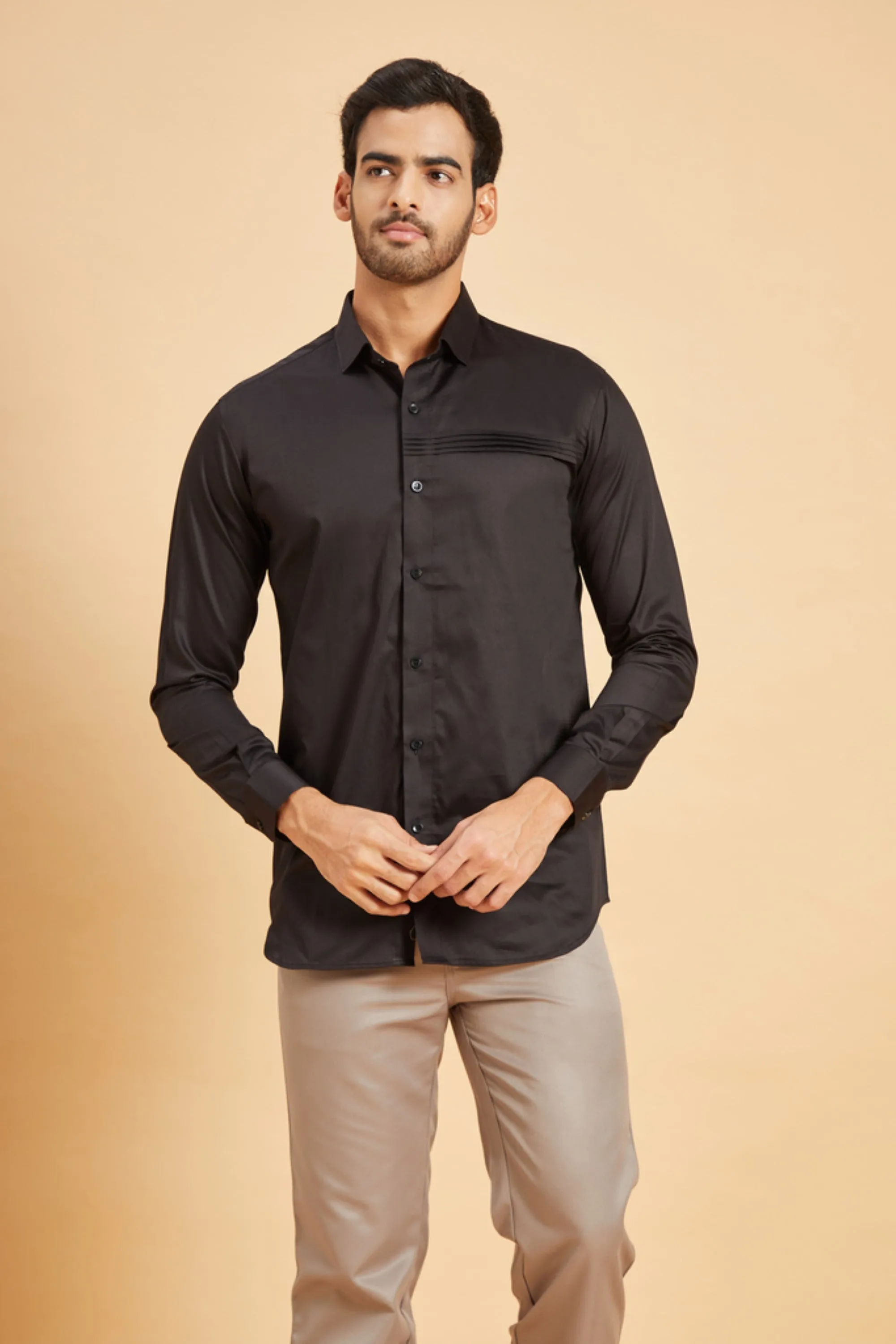 Men's Black Color Ragic Pintuck Shirt Full Sleeves Casual Shirt - Hilo Design