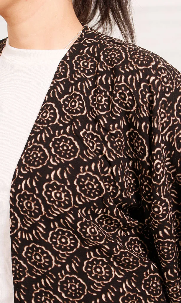 R206340 - Printed Linen Look Kimono - Dark Brown & Beige Abstract