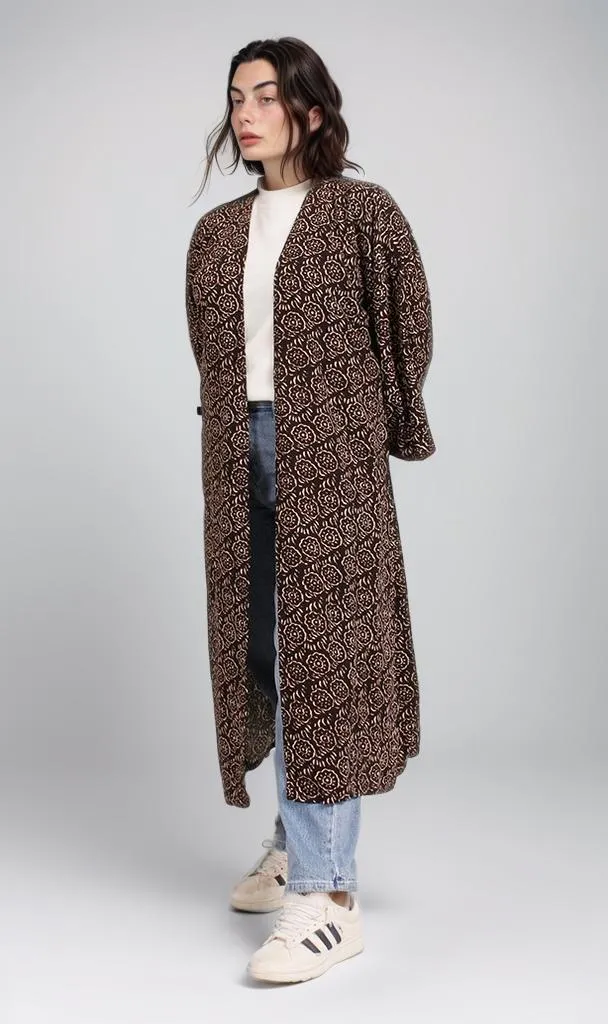 R206340 - Printed Linen Look Kimono - Dark Brown & Beige Abstract