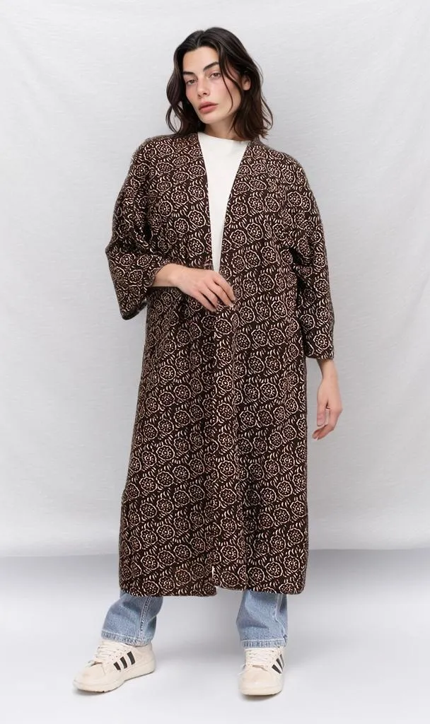 R206340 - Printed Linen Look Kimono - Dark Brown & Beige Abstract