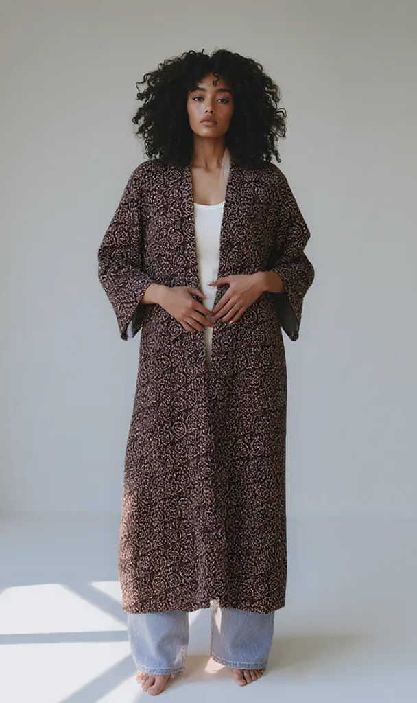 R206340 - Printed Linen Look Kimono - Dark Brown & Beige Abstract