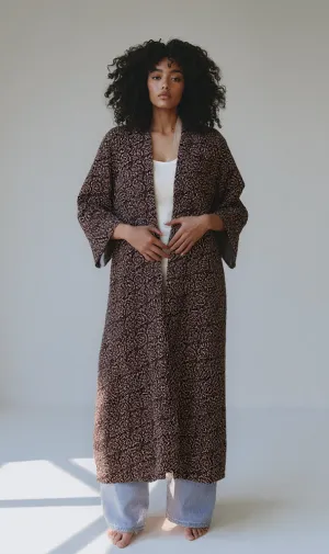 R206340 - Printed Linen Look Kimono - Dark Brown & Beige Abstract