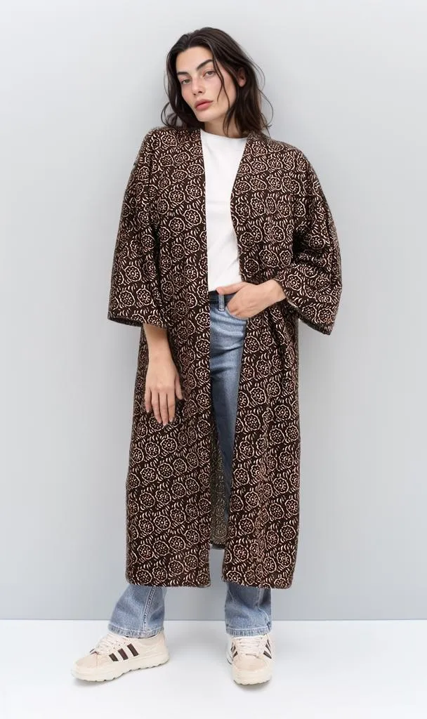 R206340 - Printed Linen Look Kimono - Dark Brown & Beige Abstract