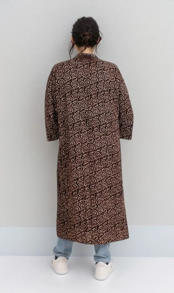 R206340 - Printed Linen Look Kimono - Dark Brown & Beige Abstract