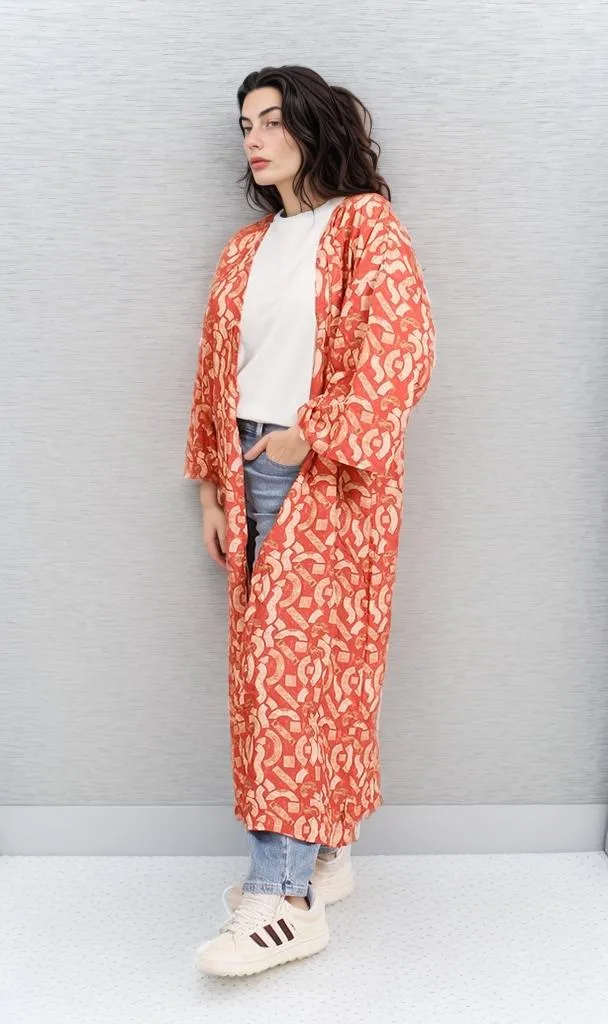 R206341 - Printed Rayon Kimono - Red & Beige