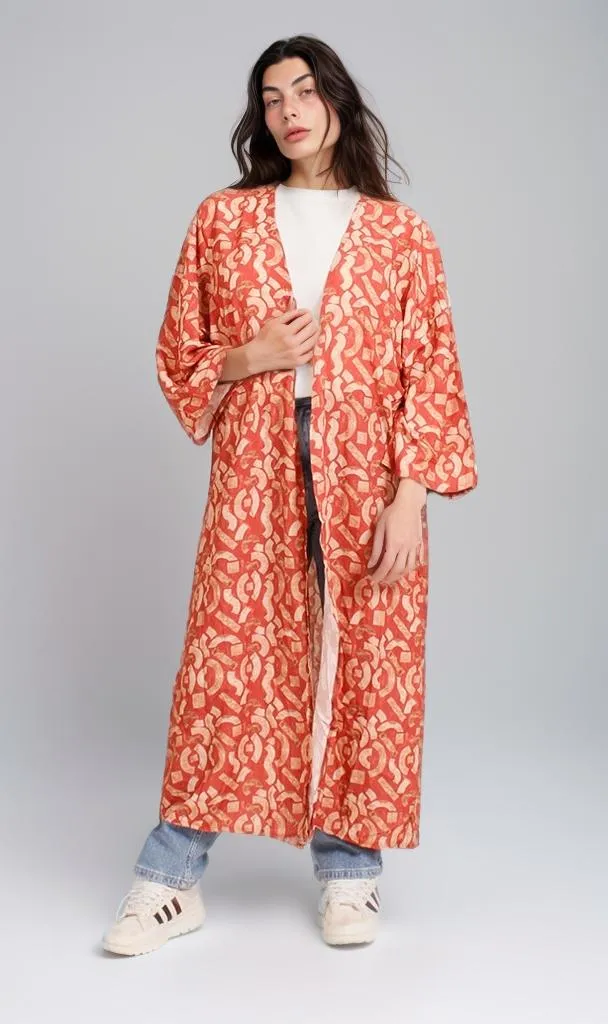 R206341 - Printed Rayon Kimono - Red & Beige