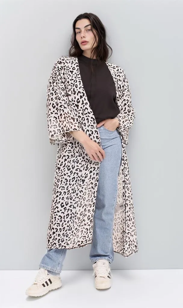 R206342 - Leopard Print Chiffon Kimono - Black & White