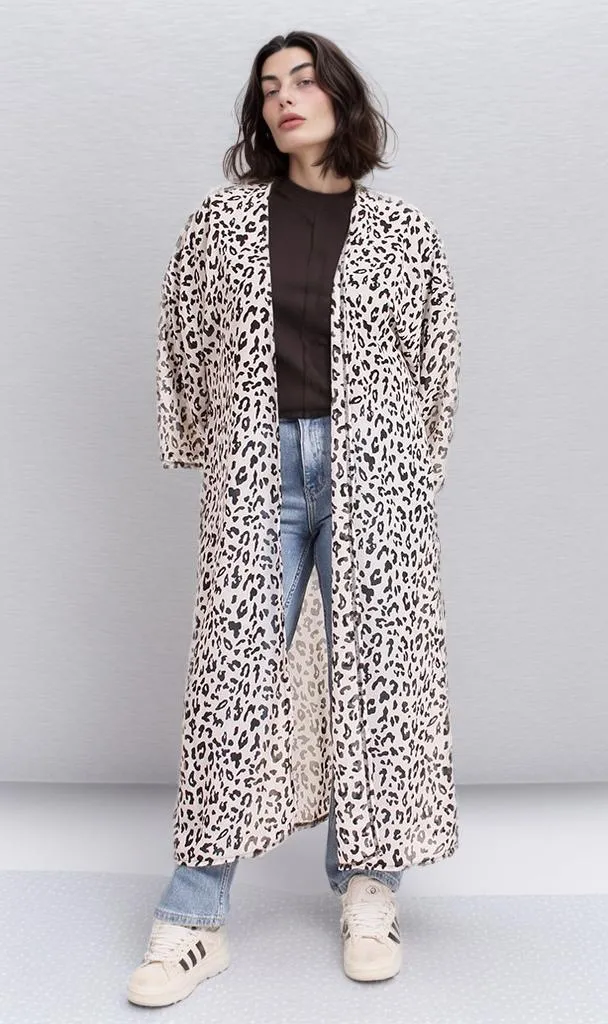 R206342 - Leopard Print Chiffon Kimono - Black & White