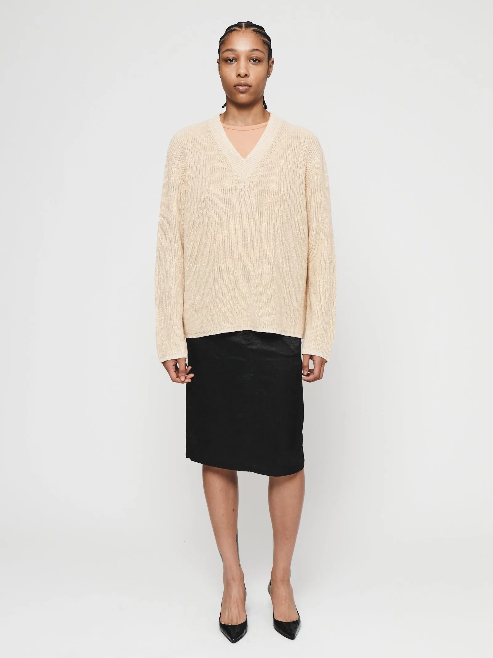 Ribbed Boxy V-Neck in Camel