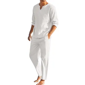 Summer 2Pcs/set Men's Cotton Linen Blend Sets Long Sleeve V-neck T Shirts Pants Set Casual Men Beach Clothes Set
