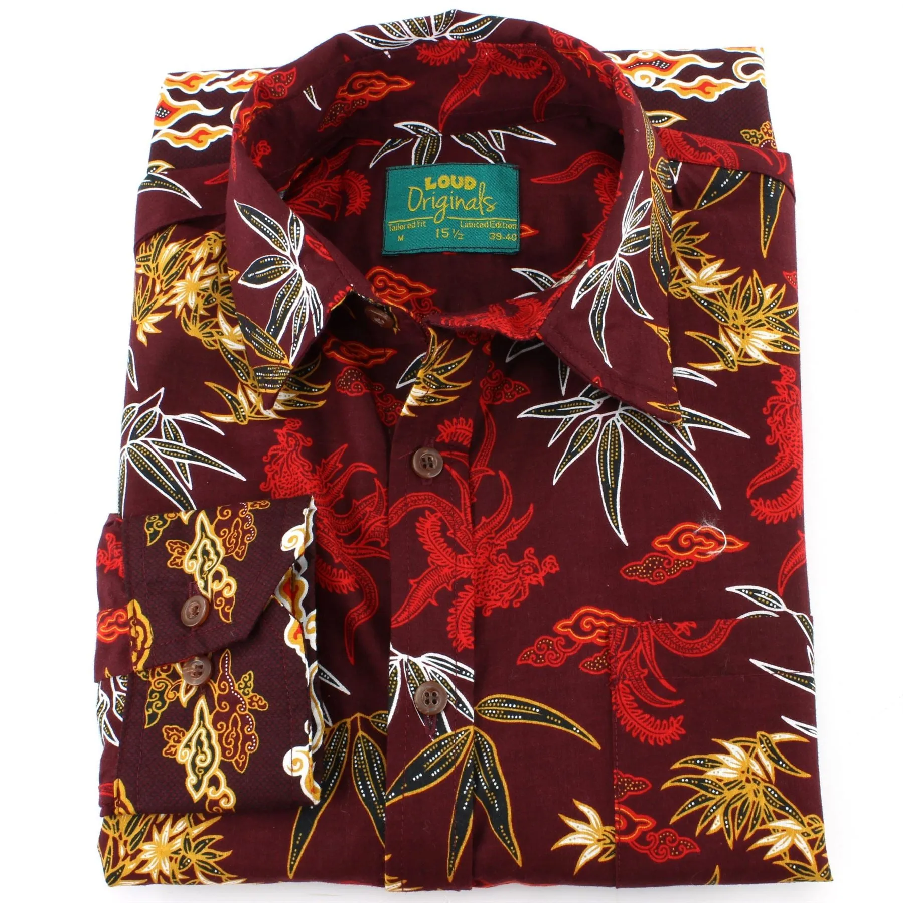 Tailored Fit Long Sleeve Shirt - Maroon Floral Palm